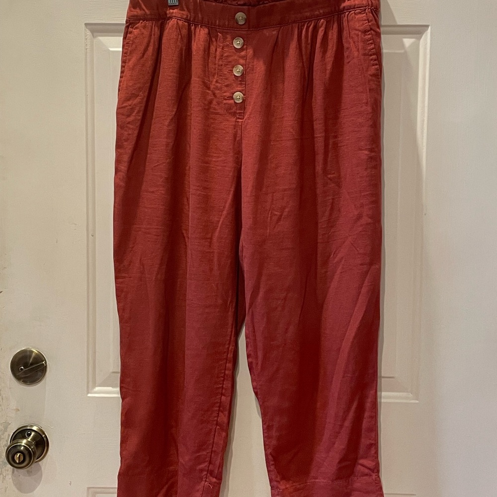 Loft Linen High Rise Pull-On Straight Pants. Size Large Petite.